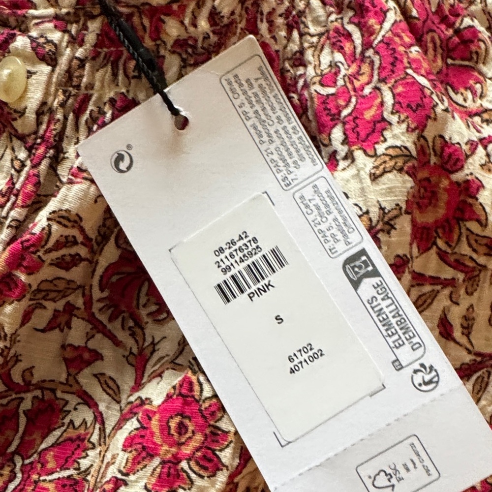 Primark cotton textured gauze mock neck button up down Floral Pink cream Blouse - Picture 4 of 8